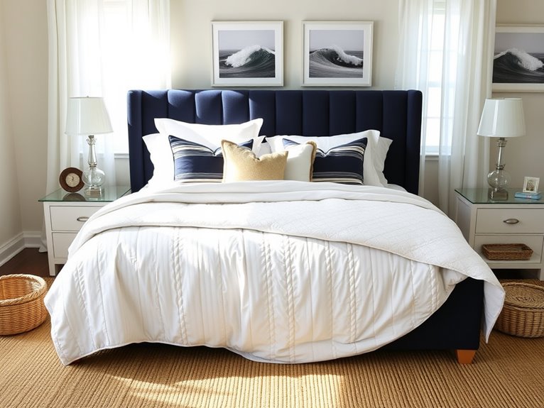 coastal navy bed decor