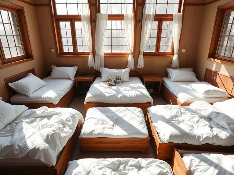 nine beds beneath windows